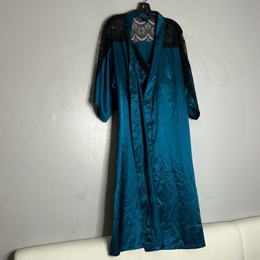 M Vie intimate robe & mini slip dress black lace & jewel tone blue small